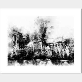 Notre-Dame de Paris Watercolor 02 - BW Posters and Art